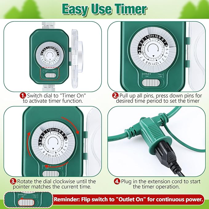 Feekoon 20FT Outdoor Extension Cord with Timer, 1 to 3 Way Extension Cord Splitter, 16AWG SJTW Heavy Duty 3 Plug Green with Multiple Outlets and Weatherproof Covers for Halloween Christmas