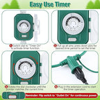 Feekoon 30FT Outdoor Extension Cord with Timer, 1 to 3 Way Extension Cord Splitter, 16AWG SJTW Heavy Duty 3 Plug Green with Multiple Outlets and Weatherproof Covers for Halloween Christmas