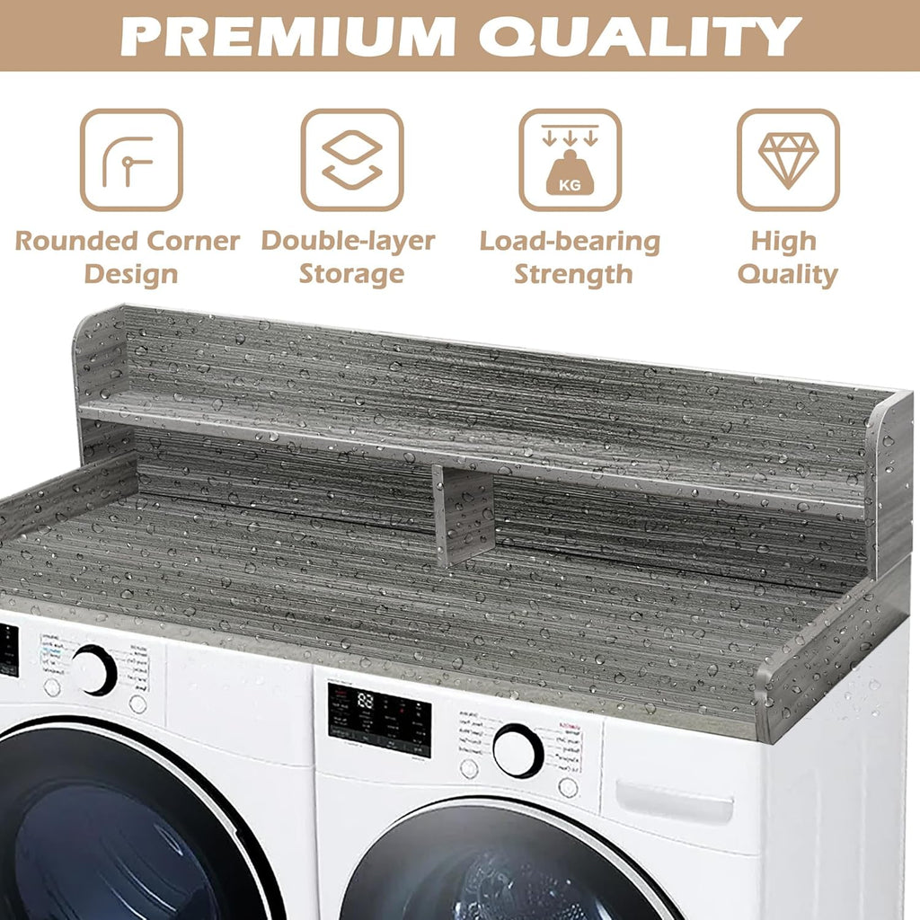 Royxen Laundry Countertop with 2-tier Shelf Universal Fit, Washer and Dryer Countertop with Storage Space, Shelf Height 11.5 Inches, Solid Wood, Eucalyptus