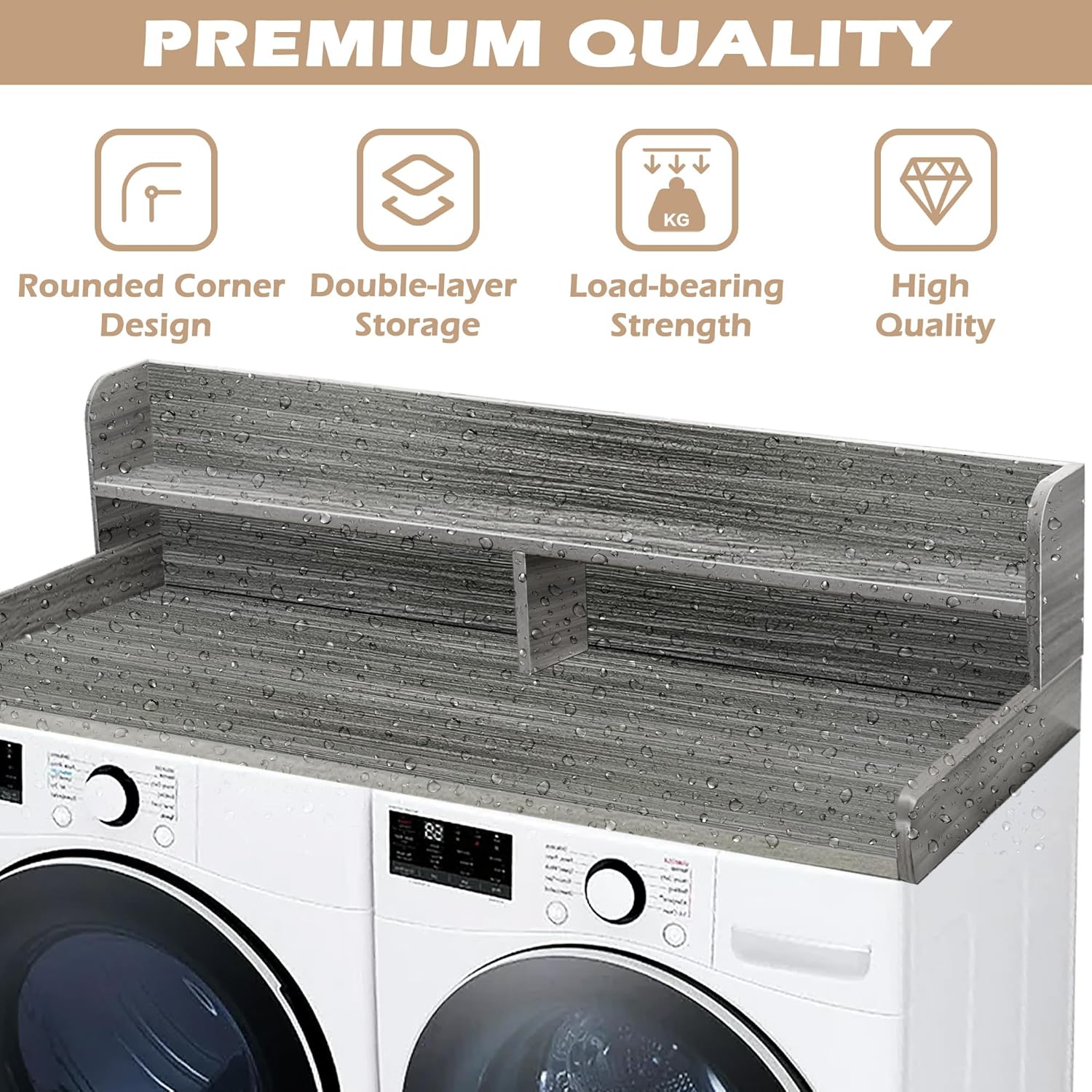 Royxen Laundry Countertop with 2-tier Shelf Universal Fit, Washer and Dryer Countertop with Storage Space, Shelf Height 11.5 Inches, Solid Wood, Eucalyptus