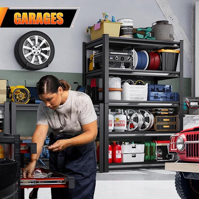 Large Garage Shelving, 5-Tier Garage Storage Shelves 3000LBS Heavy Duty Shelving Unit, Adjustable Steel Metal Shelving, Wire Shelves for Garag, Utility Rack Shelf for Basement, 72 ”H×46”W×20.1”D