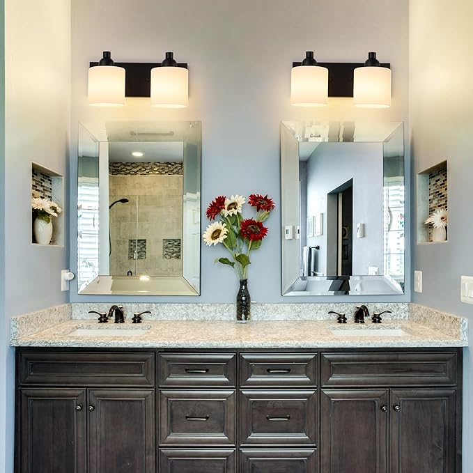 Milk Glass Vanity Lights for Bathroom, 2 Light Matte Black Bathroom Light Fixtures Over Mirror, Ceramic E26 Sockets Wall Mounted