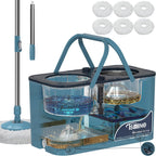 Gen 1 Large-Capacity Spin Mop and Bucket – for Big Homes & Deep Cleaning Days,4-Chamber System Separates Dirty & Clean Water, 2-GAL Heavy-Duty Design with Wheels & 6 Refill Mop Heads - Blue/Grey
