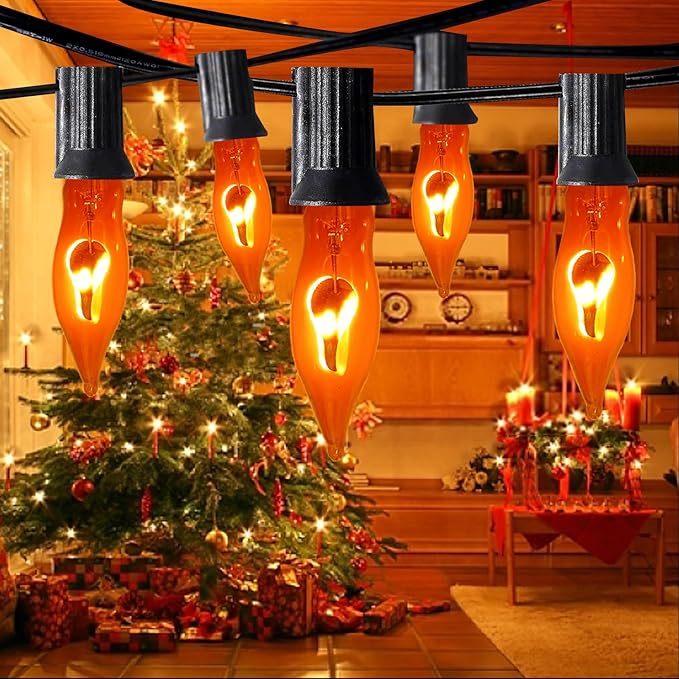 Halloween Flicker Flame Light Bulbs, 12 Pack C7 Orange Flickering Light Bulb, 1W E12 Flame Candelabra Bulbs for Candle Chandelier Outdoor String Lights Party Halloween Christmas Decoration