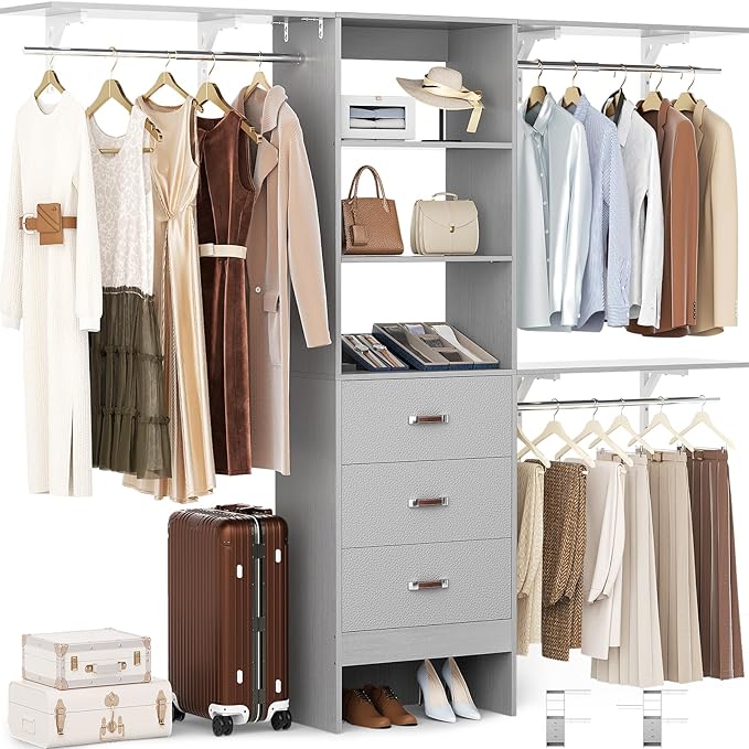 Closet System with Drawer - 8FT Wood Closet Organizer System with 3 Hanging Rods and Shelving Tower, 96" Walk In Closet Organizer Wardrobe, Heavy Duty Garment Rack Clothes Rack, Grey