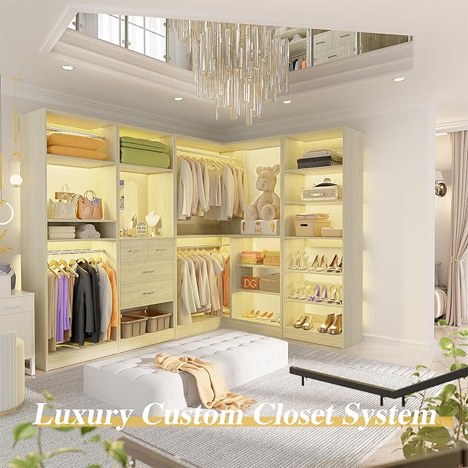 Unikito 110” Closet System with Drawers, 9.3FT Corner Closet Organizer with 4 Hanging Rods, Reversible Large Wood L Shaped Walk in Closets Wardrobe with Shoe Shelves, Set of 4, White Oak