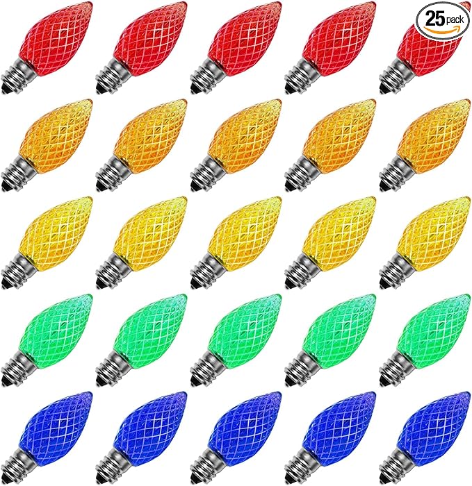 Meconard C7 Led Replacement Christmas Light Bulbs, C7 Shatterproof Led Bulbs for Christmas Indoor Outdoor String Lights, E12 Candelabra Base, Commercial Grade Holiday Bulbs, Multi-Color, 25 Pack