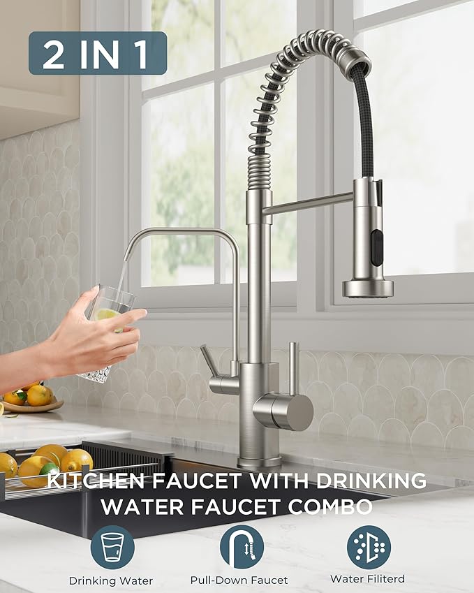 FORIOUS Kitchen Faucet with Purfied Water Filter, 2 in 1 Commercial Stainless Steel Pull Down Sink Faucet and Drinking Water Faucet 2 Handle for Pot Filler Kitchen Sink Farmhouse Bar, Brushed Nickel