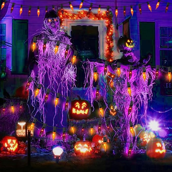 Orange and Purple Halloween Lights - Flickering Flame String Lights, 12.8Ft Indoor Outdoor Halloween Lights C7 Retro Flame String Lights, Ideal for Fall Halloweens Decorations for Home Party