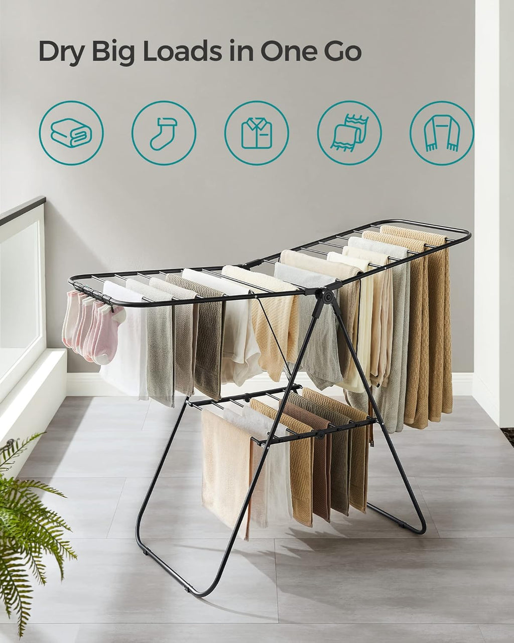 SONGMICS Clothes Drying Rack, with Sock Clips, Metal Laundry Rack, Foldable, Space-Saving, Free-Standing Airer, with 2 Height-Adjustable Gullwings, Indoor Outdoor Use, Black ULLR052B01