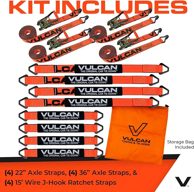 VULCAN Complete Axle Strap Tie Down Kit with Wire Hook Ratchet Straps - PROSeries - Includes (4) 22 Inch Axle Straps, (4) 36 Inch Axle Straps, and (4) 15' Wire J Hook Ratchet Straps