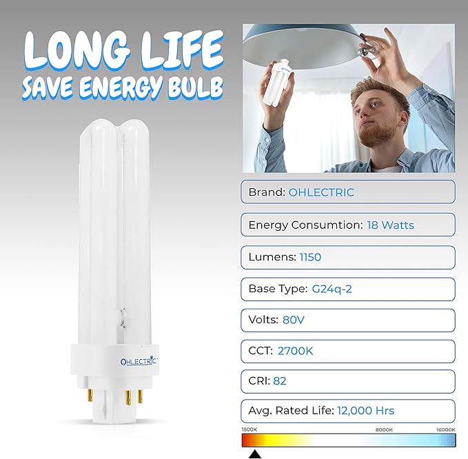 OHLECTRIC 18W Warm White Fluorescent Lamps with G24q-2 Base - 2700k Double Tube Compact Fluorescent Lamps - Perfect Choice for Garage, Halfway, Yard, Porch - Pack of 4