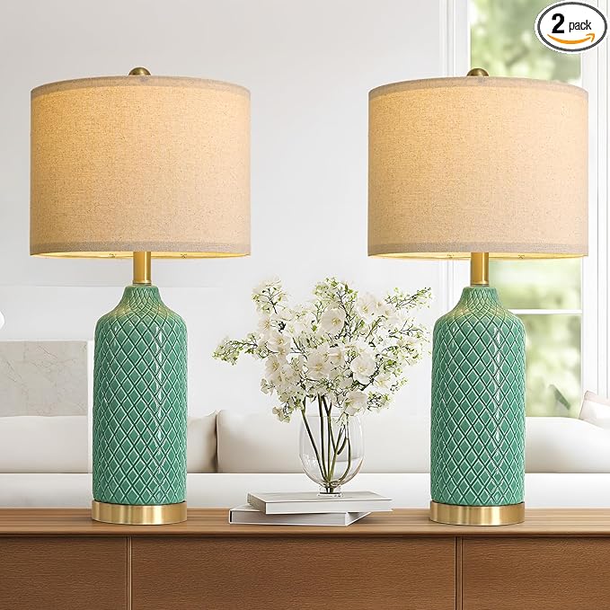 G-SAFAVA24.25 Modern Ceramic Green Table Lamps Set of 2 for Living Room, Farmhouse, Bedside, Bedroom, Side & End Tables Nightstand Light Home Office Desk Lamps Gifts