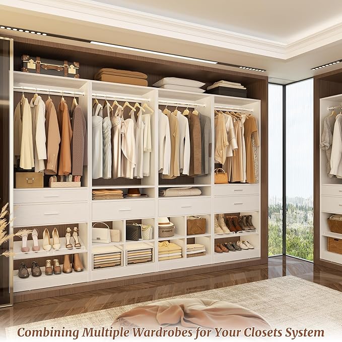 Unikito 50” W x 80'' H Closet Organizer Storage System with 2 Hanging Rod and 2 Wooden Drawers, Adjustable Shoes Rack, 4 Cubby Storage, Walk-in Closet Tower for Bedroom, Mudroom, and Entryway, White