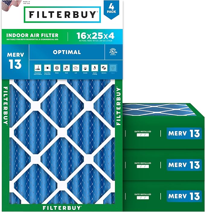 Filterbuy 16x25x4 Air Filter MERV 13 (MPR 1900) Health Defense Replacement (4-Pack), Electrostatic Pleated HVAC AC Furnace Filters, Made in USA (Actual Size: 15.50 x 24.50 x 3.63)
