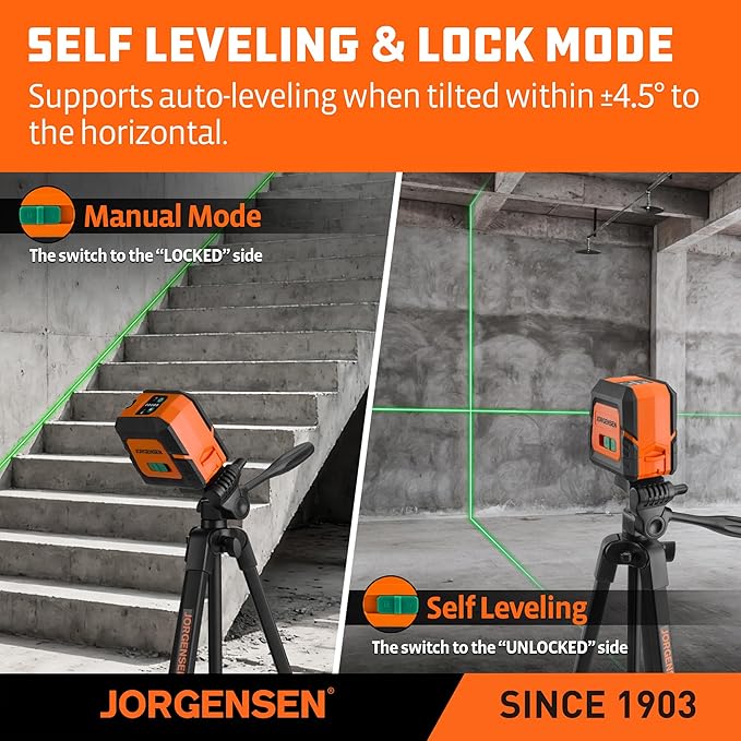 JORGENSEN Laser Level with Tripod & 2 Plumb Dots, 100 FT Self Leveling Point Cross Line Laser Leveler Tool, Wide Angle Green Laser Level for Picture Hanging, Indoor Project, Construction, Carry Bag