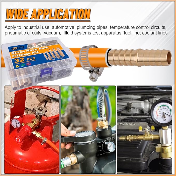 KOOTANS 32PCS Brass Hose Barb Fittings Barb Splicer Mender Hose Fittings Kit 3/16" 1/4" 5/16" 3/8" 1/2" Barbed Air Hose Fittings with 46pcs Pipe Clamps for Water Fuel Air Line Connector Fitting