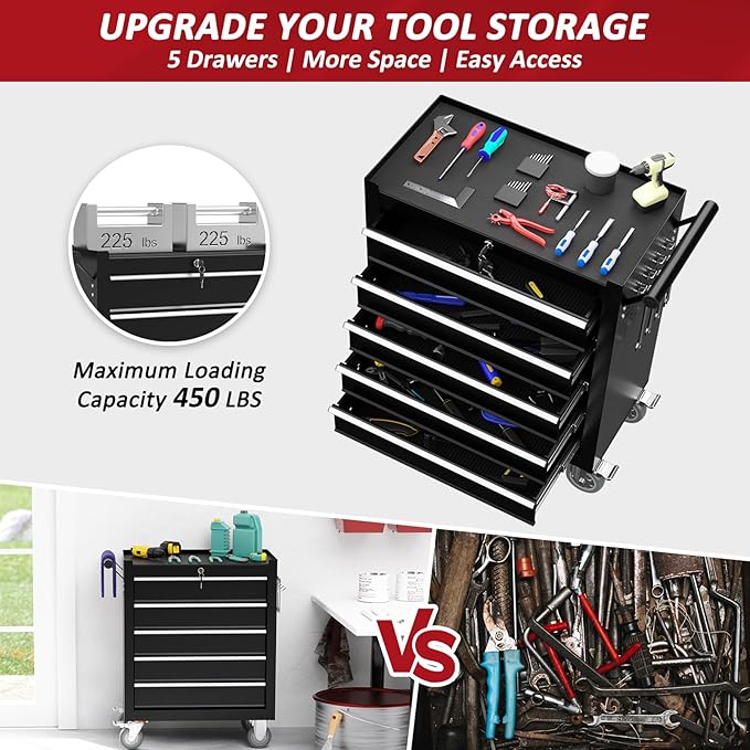 5-Drawers Rolling Tool Chest, Tool Chest with Wheels and Drawers, Rolling Box with Locking System, Tool Box with Wheels for Garage, Warehouse, Workshop (Black, 5 Drawers)