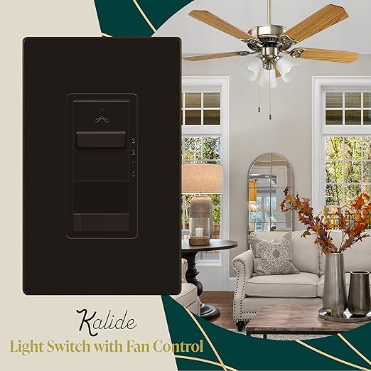TOPGREENER Kalide Light Switch and 3-Speed Ceiling Fan Control Combo, in Wall Light and Fan Combination Switch, Single Pole, 2.5A, 720W, Neutral Wire Not Required, TGSFS3-BR, Brown