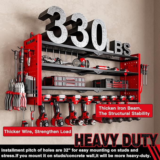 Power Tool Organizer Wall Mount,Cordless Drill Organizer,4 Layers Large Capacity Tool Rack with 8 Drill Holders (RED)