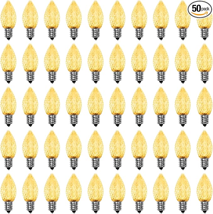 Meconard C7 Led Replacement Christmas Light Bulbs, C7 Shatterproof Led Bulbs for Christmas Indoor Outdoor String Lights, E12 Candelabra Base, Commercial Grade Holiday Bulbs, Warm White, 50 Pack