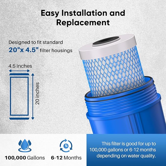 PUREPLUS 20" x 4.5" Whole House Activated Carbon Water Filter, Enhanced Lead Removal, Reduces Chlorine, Sediment & Odors, Compatible with FC25B, EPM-20BB, CB-BB-20, 155783-43, 1 PACK