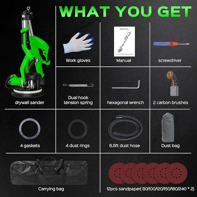 Drywall Sander, 2025 Upgraded 8-Amp Popcorn Ceiling Removal Tool with 7 Variable Speed 800-1800RPM, Drywall Sander with Vacuum Dust Collector with Extendable Handle, LED Light, 12pcs Sanding Discs