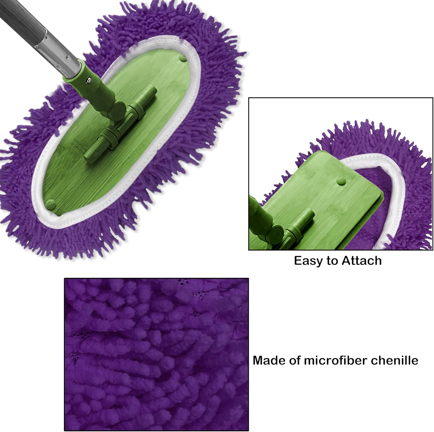 Reusable Microfiber Chenille Mop Pads Compatible with Swiffer Sweeper, Dry Sweeping Cloths & Wet Mopping Cloths, Refills for Hardwood Surface Floor Cleaning, 4 Pack (Green+Purple+Blue+Grey)