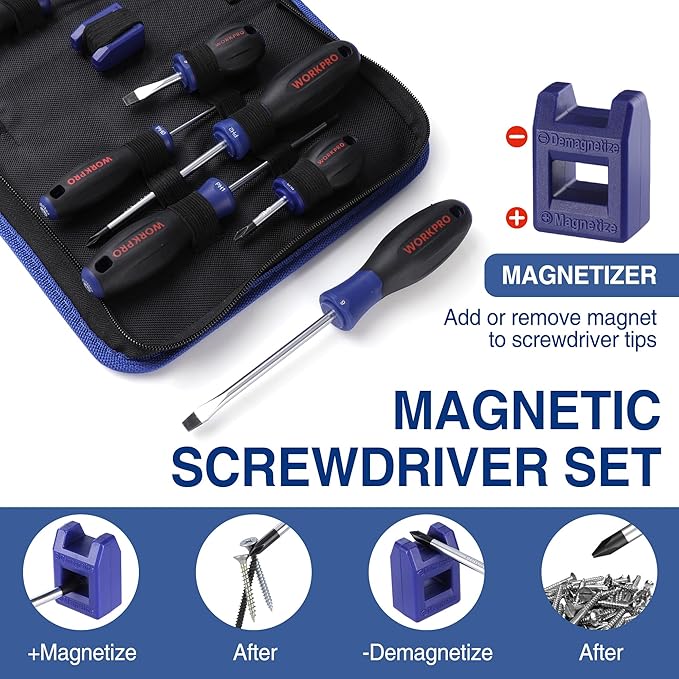 WORKPRO 10-Piece Magnetic Screwdriver Set with Pouch, Phillips, Slotted, Flat Head Screwdriver Include Magnetizer, Screwdriver with Non-Slip Grip, for Home Repair and DIY Projects