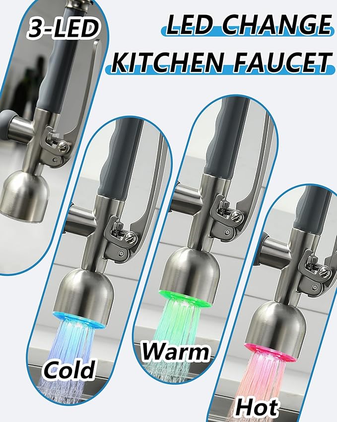 Fapully Commercial Single Handle Pull Down Sprayer Brushed Nickel Kitchen Faucet, Kitchen Sink Faucet with LED Light