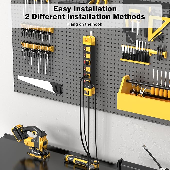 Heavy Duty Power Strip - 6 Outlet Power Strip with Individual Switches Cord Manager Surge Protector 1200J Home Office Garage Industrial Workbench