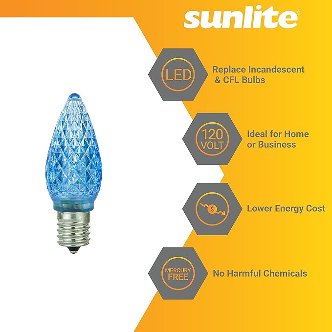 Sunlite 80705 LED C9, Holiday Decorative Light Bulb, 0.4 Watts, E17 Intermediate Base, Faceted Christmas-Lights; Nightlight, Blue