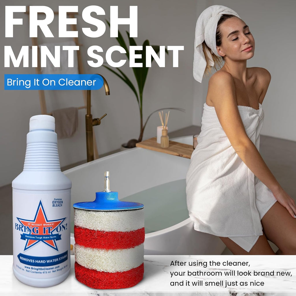 Bring It On Cleaner Hard Water Stain Remover for Glass, Soap Scum remover for Shower glass, Fiberglass, Windows, Tile and Grout Cleaner, Water Spot Remover for Glass Includes Scrubbing Drill Pads