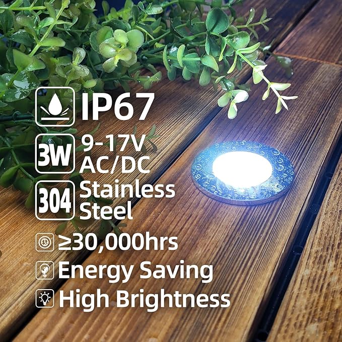MALORY Recessed LED Deck Light 6Pack, 3W 4000K12V Low Voltage Landscape Lighting, Outdoor Step Stair Lights, Full 304 Stainless Steel Deck Lighting for Outside Floor Yard (SG06, 6-Pack 4000K)