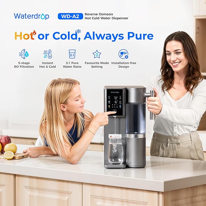 Waterdrop WD-A2 Countertop Reverse Osmosis System, Hot and Cold RO System, Portable Pure Water Tank, Bottleless Water Cooler, 6 Temperature Settings, Hot Cold Room Water, 3:1 Pure to Drain