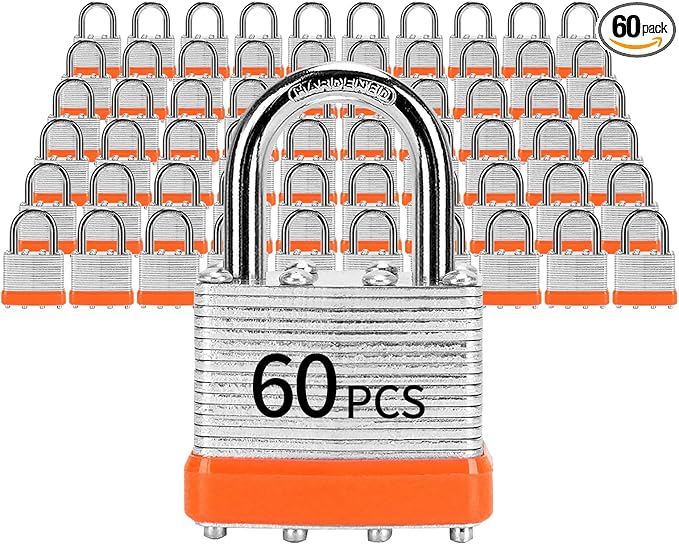 Padlocks with Same Key, LQYN 60 Pcs Laminated Keyed Padlock (1-9/16", 40mm), Keyed Alike Locks, Normal Shackle, for Storage Locker, Hasp Latch, Toolbox, Sheds