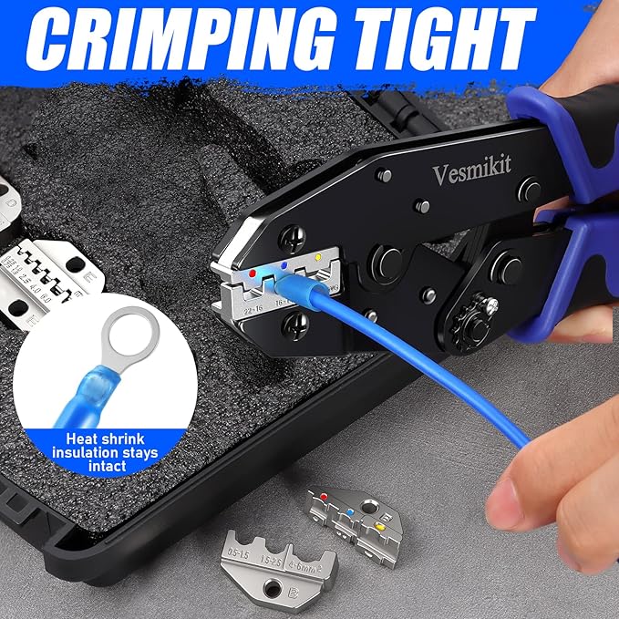 Crimping Tool Set 6PCS - Ratchet Wire Crimping Tool for Heat Shrink,Insulated Nylon,Non-Insulated,wire ferrules,Open Barrel Terminals,Solar Connectors - Crimper with 6 Interchangeable Die
