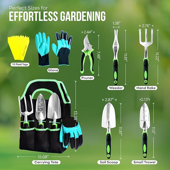 8 PCS Gardening Tools Set with Bag | Heavy-Duty Rust-Proof Hand Tools with Plastic Handles Includes 15 Plant Tags | Ideal Gift for Women, Men, Mom, Dad & Gardeners