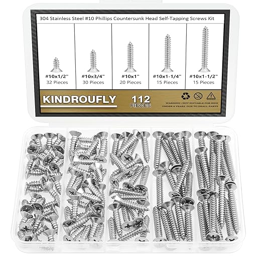 112 Pieces #10 x 1/2" 3/4" 1" 1-1/4" 1-1/2" Phillips Countersunk Head Self-Tapping Screws, Wood Screws Assortment Kit, 304 Stainless Steel