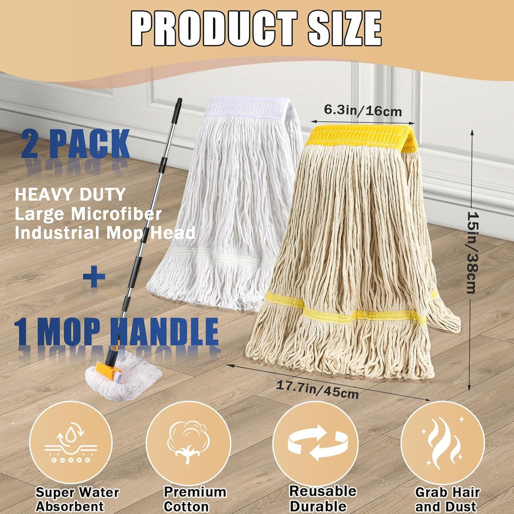 2 Pack 20oz Heavy Duty Commercial Industrial Cotton Mop Replacements Head with Long Handle, Loop-End String Wet Mop Refills, Applies to Garage, Workshop and Warehouse Floor Cleaning