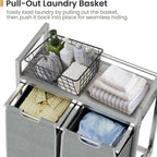 Laundry Hamper, Laundry Basket, Laundry Sorter with 3 Removable Bags, Clothes Basket with 3 Compartments, Wheels, Shelf for Laundry Room Bathroom Bedroom (2 Bags-Gray)