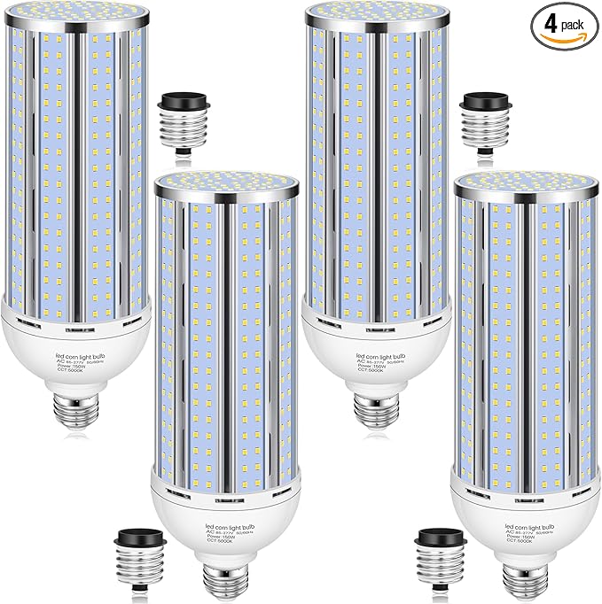 4 Pack 150W Corn LED Light Bulb,Fanless 5000K Daylight(1500 Watt Equivalent) E26/E39 Large Mogul Base LED Cob Lamp 21,500LM for Outdoor Indoor Garage Warehouse Factory Workshop Street Backyard