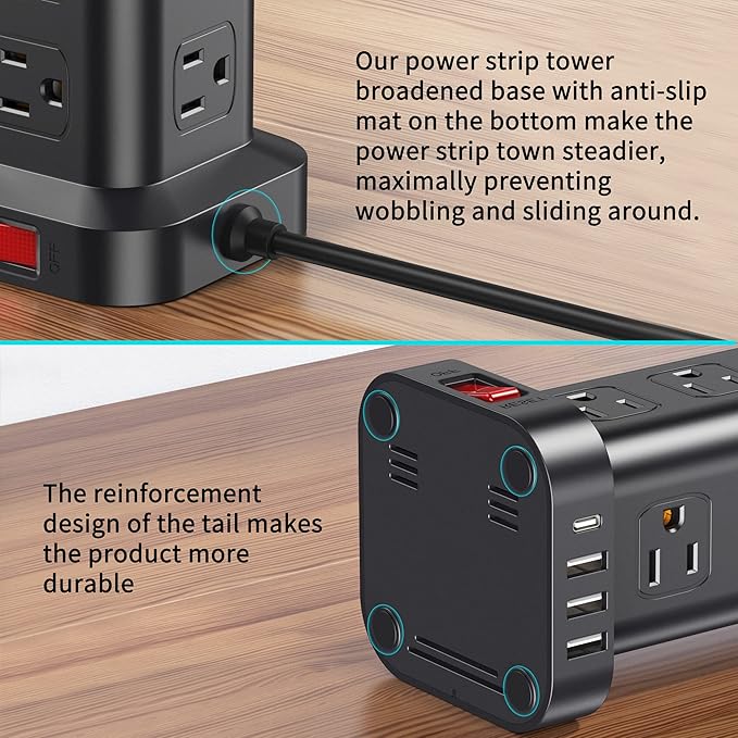 PD 20W USB C Surge Protector, Mini Power Strip Tower Travel 12 AC 4 USB Power Strip with USB Ports 6.5FT Overload Protection for Home Office