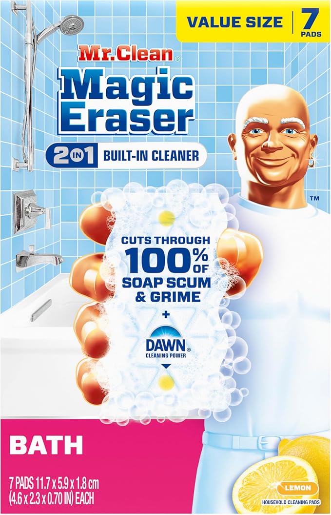 Mr. Clean Magic Eraser Sponge, Bathroom Cleaner, Soap Scum Shower & Tub Cleaner, 2 in 1 Bath, 7ct