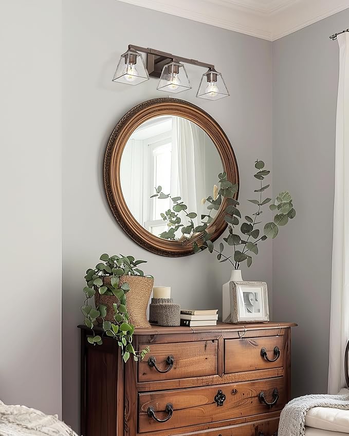 Farmhouse Bathroom Light Fixtures, HWH 3-Light Vanity Light Fixture Over Mirror, Industrial Wall Sconce Lighting with Square Bell Glass Shade, Oil-Rubbed Bronze Finish, 5HY68B-3W ORB
