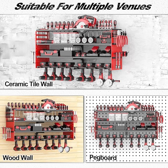Power Tool Organizer Wall Mount, 4 Layer Heavy Duty Metal Tool Storage Rack, Power Tool Shelf Battery Storage with 8 Cordless Drill Holder，Utility Racks for Garage Workshop