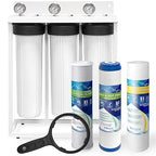 3 Stage High Capacity 20” White Whole House Water Filter System, Freestanding Steel Frame, Sediment, GAC+KDF & Carbon Cartridges, Presser Relief Button, 1” Brass Port, Pressure Gauges, Double O-Ring