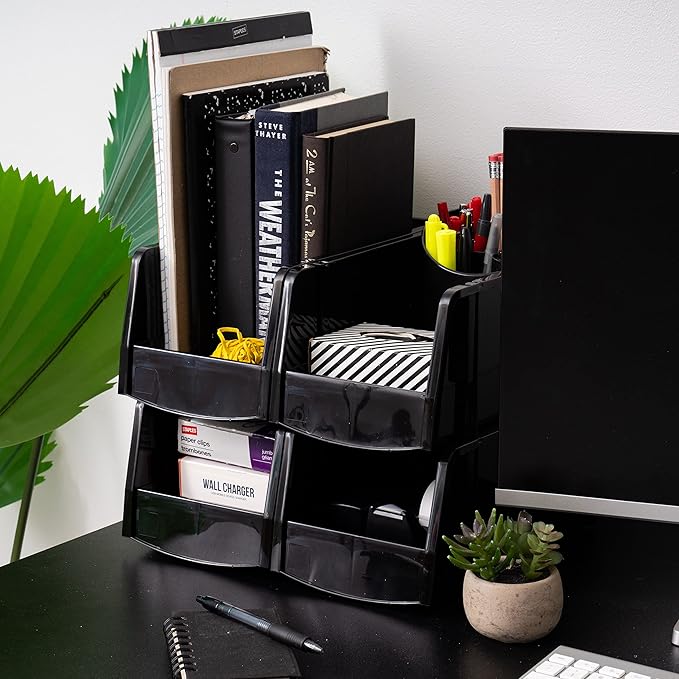 IRIS USA Medium Stackable Storage Bins, 8-Pack, 11"L x 6"W x 5"H, |Made in USA|, Plastic Open Front Shelf Bin for Organizing Parts, Hardware, Tools, Supplies, Garage Shelf, Pantry - Black