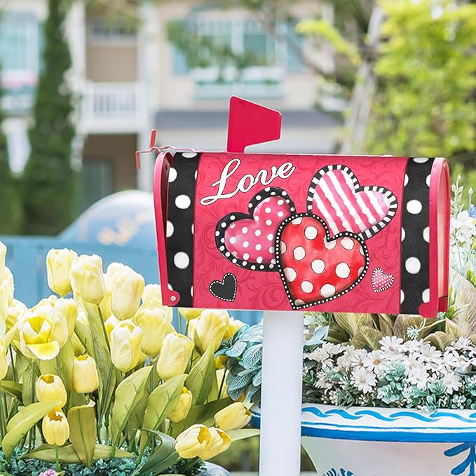 Kawani Valentine's Day Love Hearts Mailbox Covers Magnetic Red Pink and Black Polka Dots Mailbox Covers Magnetic Standard Size 25.5x21 Inch Holiday Post Letter Box Cover for Garden Yard Decor
