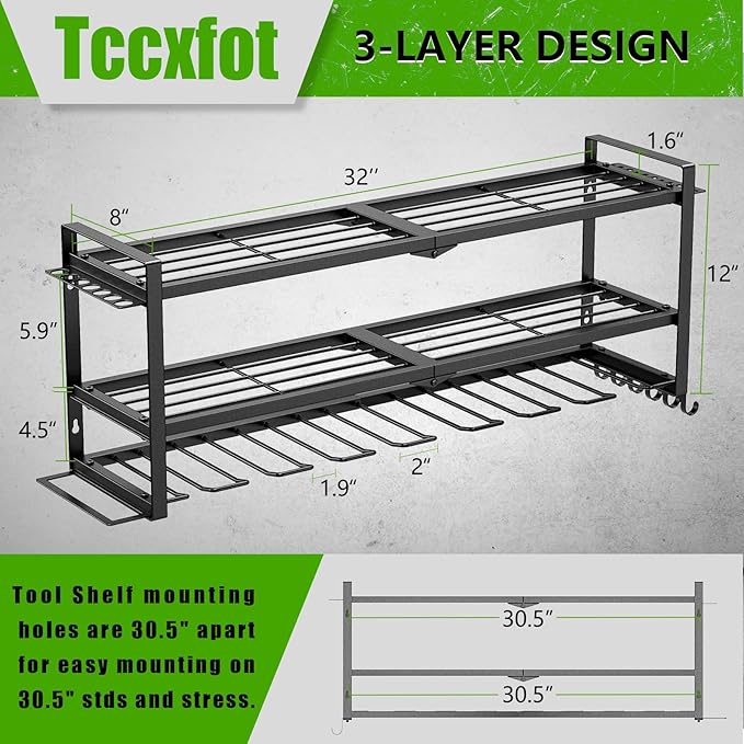 Power Tool Organizer - 3 Layer 8 Drill Holder Wall Mount, Storage Rack for Garage Organization, Large Tool Shelf, Gifts for Him Men Dad Husband Anniversary Fathers Day, Cool Gadget Stocking Stuffer